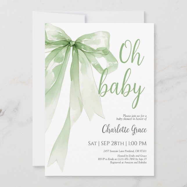 Sage Green Bow Oh Baby shower Invitation (Devant)