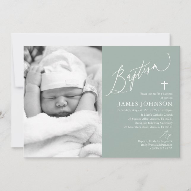 Sage Green Boy Baptême Photo Invitation (Devant)