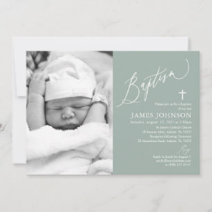 Sage Green Boy Baptême Photo Invitation