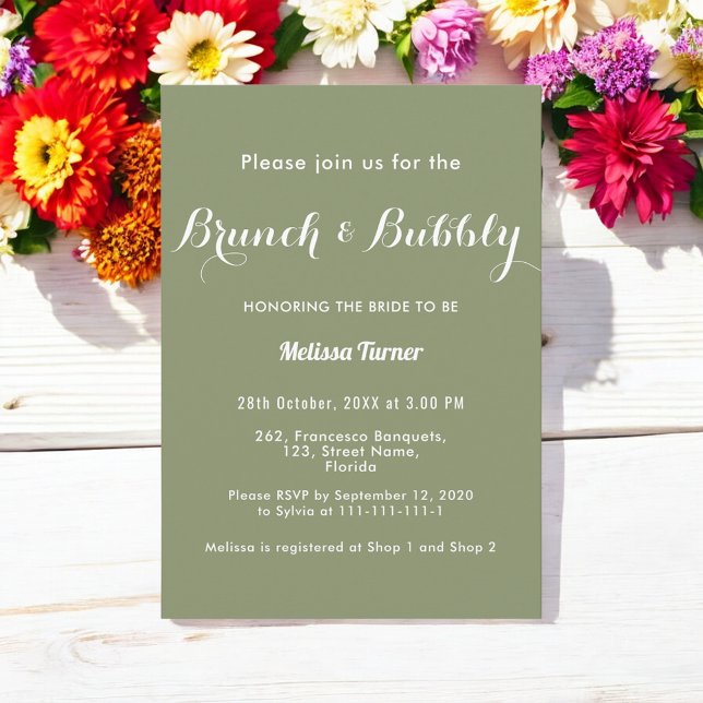 Sage Green Bridal Brunch Bubbly Simple Invitation (Créateur téléchargé)