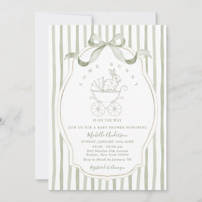 Sage Green Carriage Bunny Baby Shower Invitation (Devant)