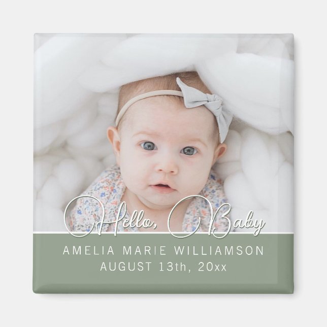 Sage Green Contemporary Script Hello Baby Magnet (Devant)