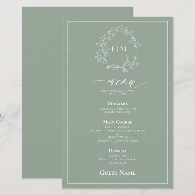 Sage Green Crest Monogram Mariage invité Menu (Devant / Derrière)