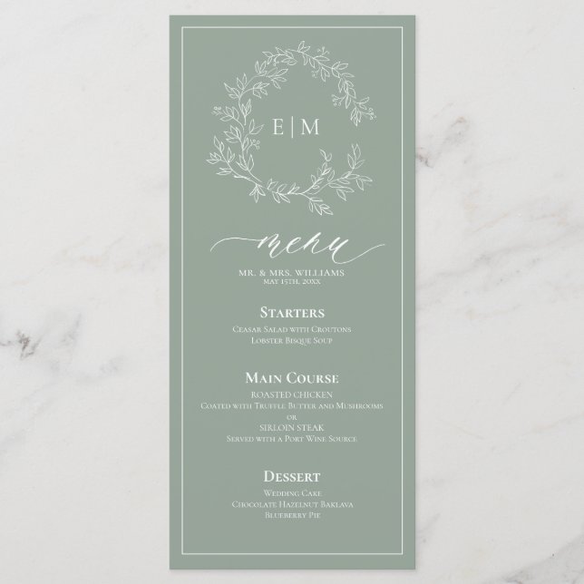 Sage Green Crest Monogram Mariage Menu (Devant)