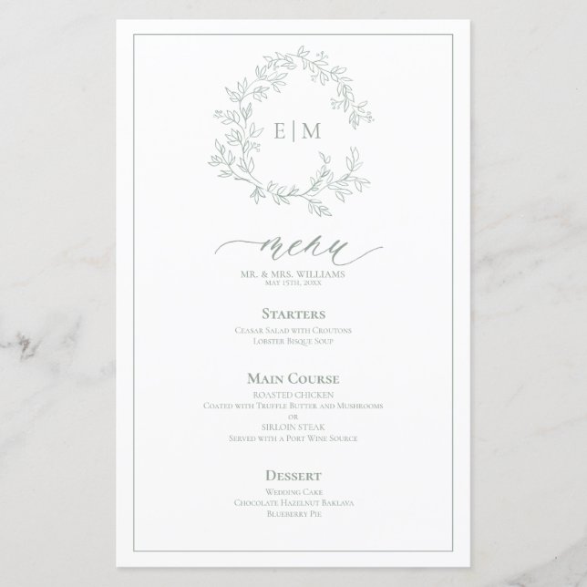 Sage Green Crest Monogram Mariage Menu (Devant)