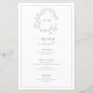 Sage Green Crest Monogram Mariage Menu
