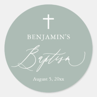 Sage Green Croix blanche Boy Baptême rond Sticker