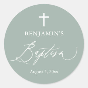Sage Green Croix blanche Boy Baptême rond Sticker