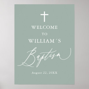 Sage Green Croix blanche Boy Baptism Affiche de bi