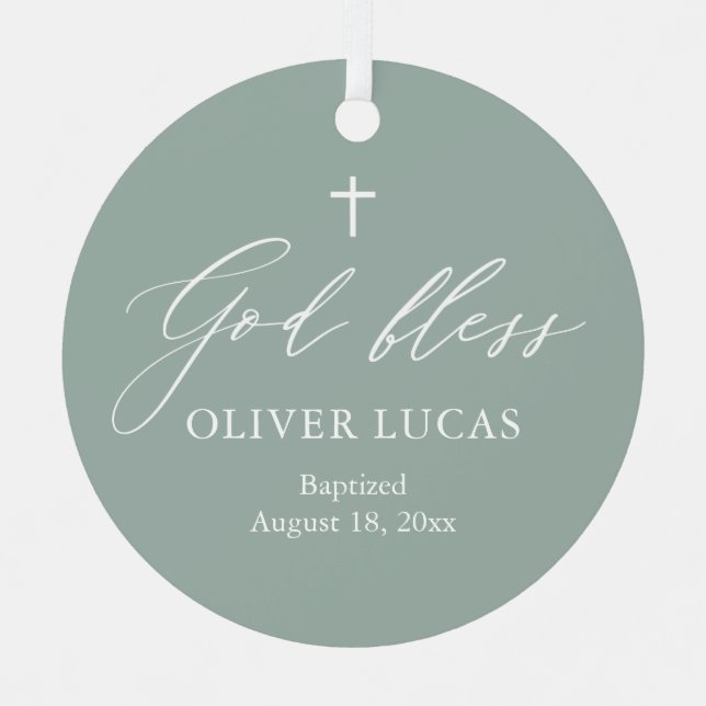 Sage Green Cross Boy Baptism Ornement en céramique (Recto)