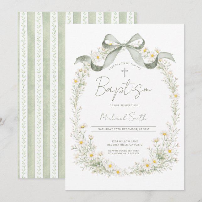 Sage Green Cross Daisy Baptism Invitation (Devant / Derrière)