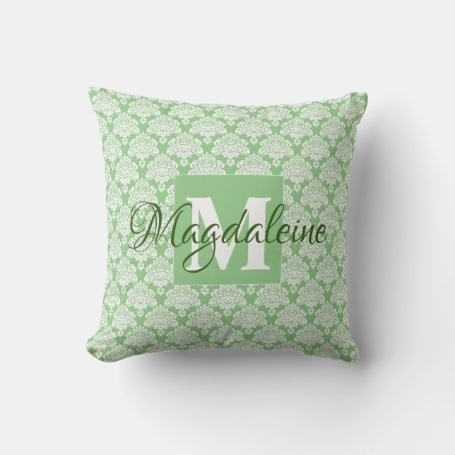 Sage Green Damask Coussin avec Monogram (Recto)