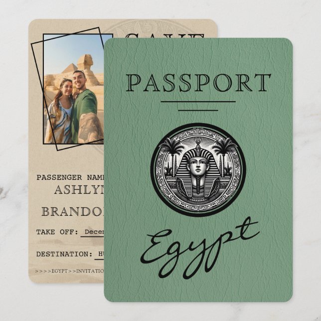 Sage Green Egypt Passport Wedding Save the Date (Devant / Derrière)