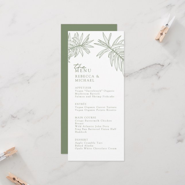 Sage Green Elegant Botanique Mariage Menu (Devant/Arrière en situation)