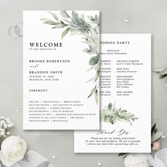 Sage Green Eucalyptus Programme de mariage botaniq (Sage green eucalyptus botanical budget wedding program)