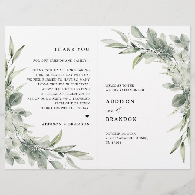 Sage Green Eucalyptus Programme de mariage minimal (Devant)