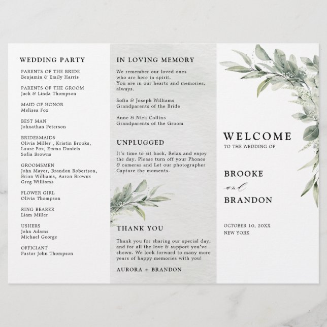Sage Green Eucalyptus Trfold mariage Programme (Devant)