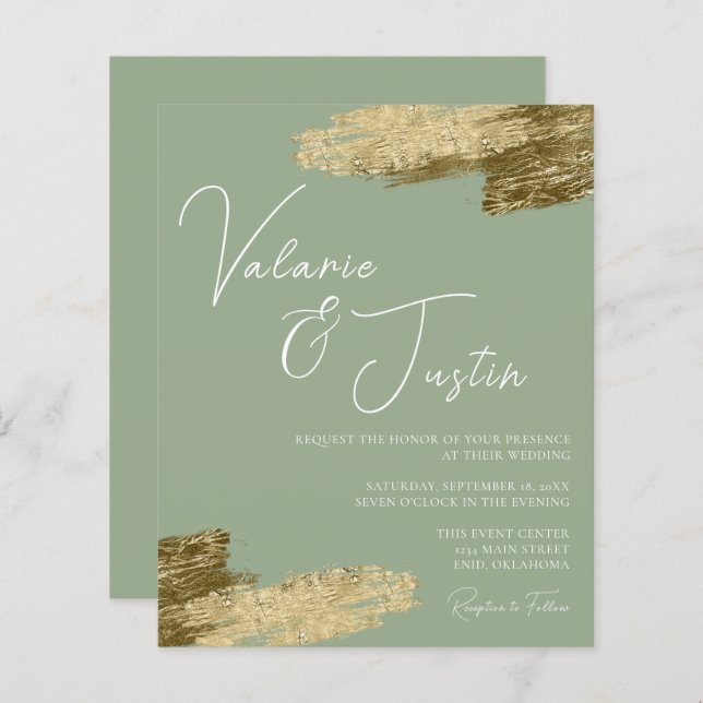 Sage Green Faux Gold Foil Faire-part de mariage (Devant / Derrière)