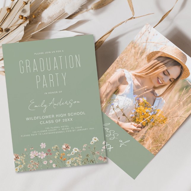 Sage Green Fleur sauvage Graduation Party Invitati (Créateur téléchargé)
