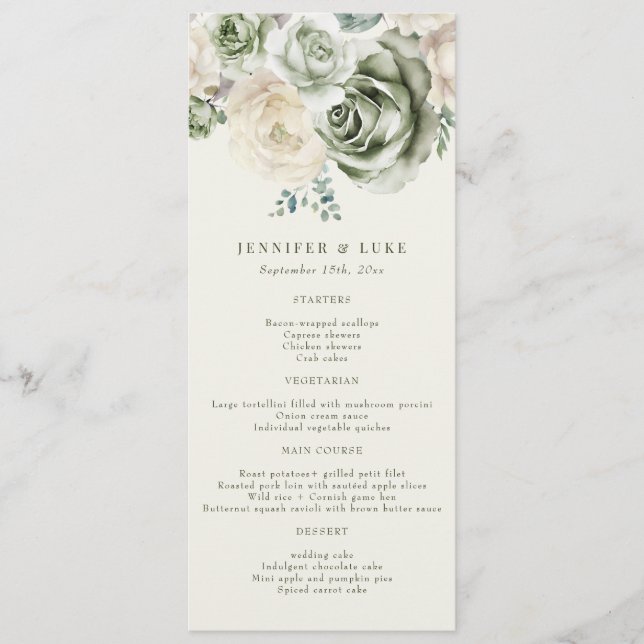 Sage Green Fleurs d'ivoire Menu Mariage (Devant)