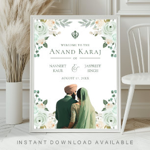 Sage Green Floral Anand Karaj Affiche de bienvenue