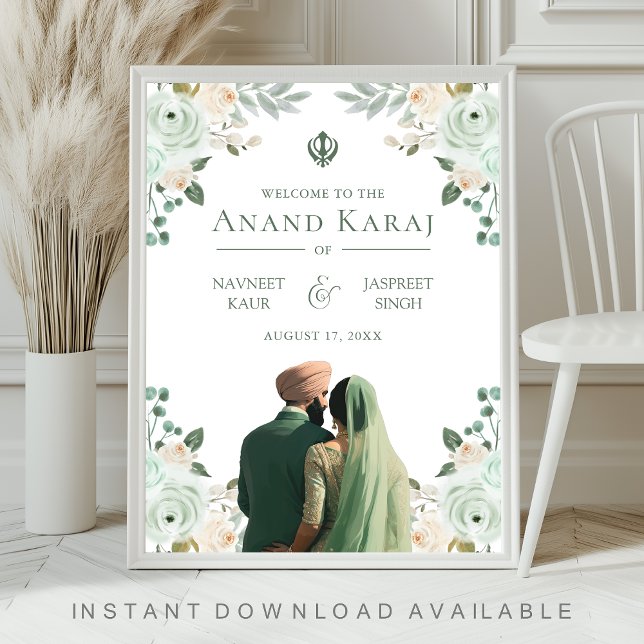 Sage Green Floral Anand Karaj Affiche de bienvenue (Créateur téléchargé)