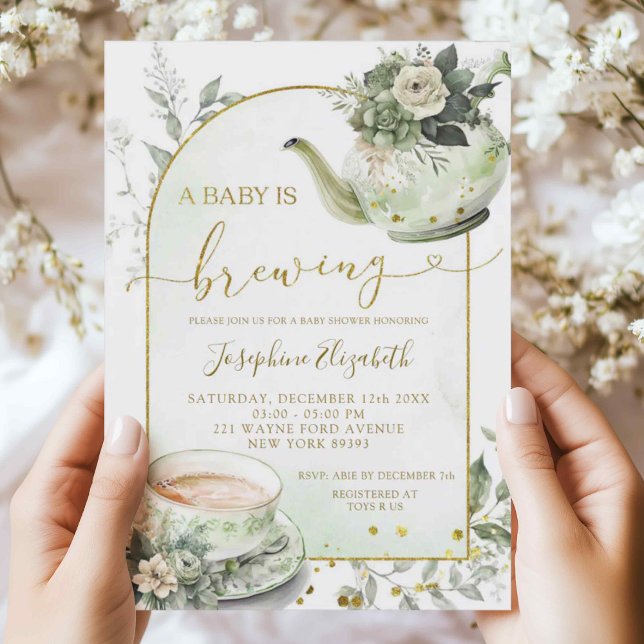 Sage Green Floral Baby shower Tea Party Invitation (Créateur téléchargé)