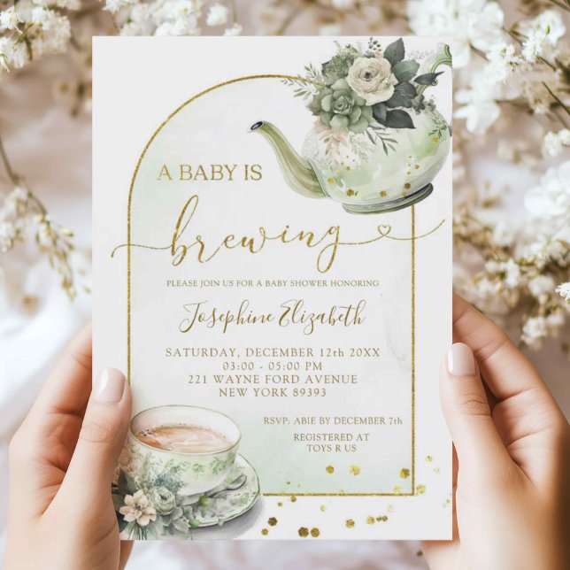 Sage Green Floral Baby shower Tea Party Invitation (Créateur téléchargé)