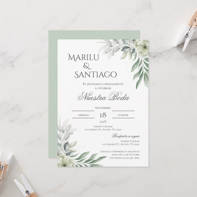 Sage Green Floral faire-part de mariage en espagno (Devant/Arrière en situation)