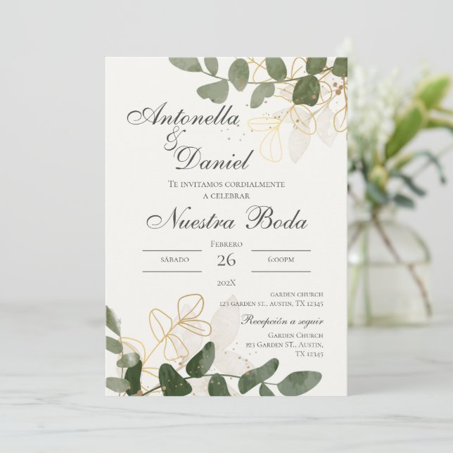 Sage Green Floral Faire-part de mariage en espagno (Debout devant)