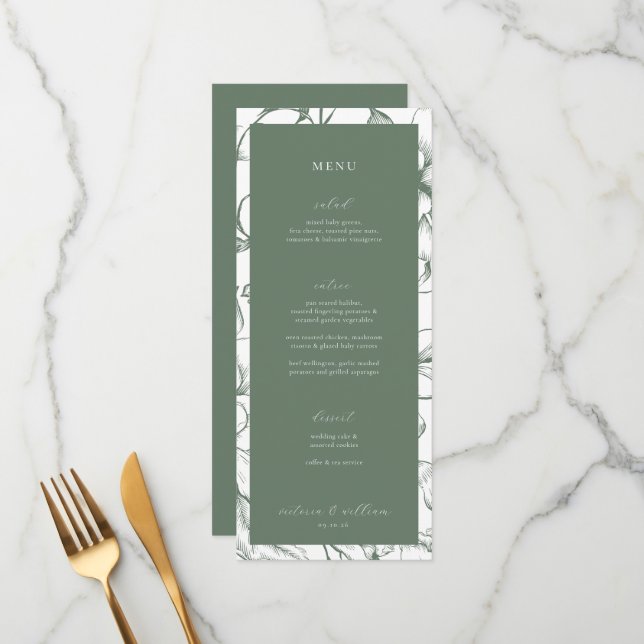 Sage Green Floral Mariage Menu et Merci (Devant/Arrière en situation)