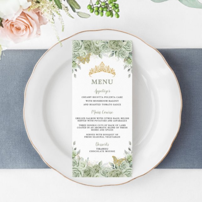 Sage Green Floral Or Quinceanera Menu Anniversaire (Créateur téléchargé)