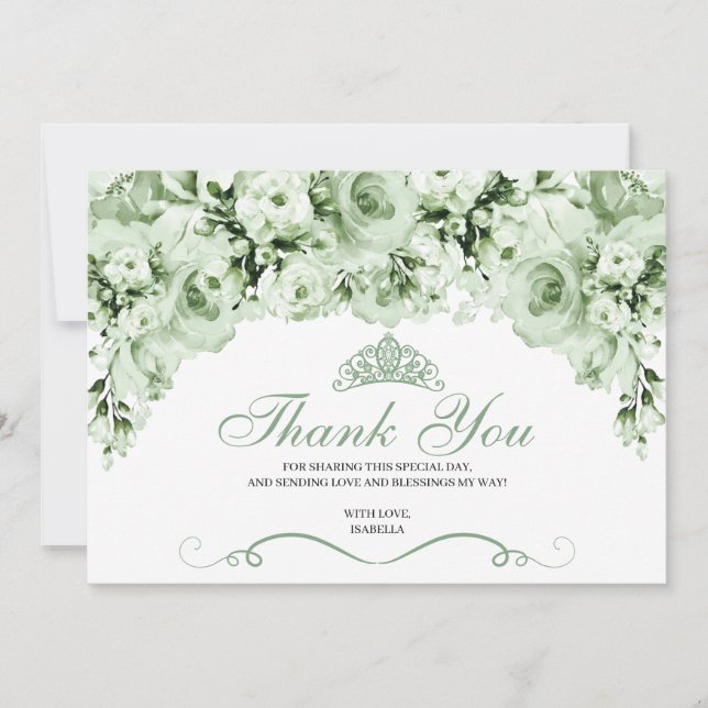 Sage Green Floral Quinceanera Carte de remerciemen (Devant)