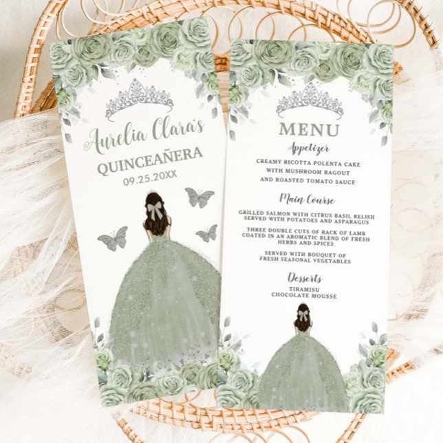 Sage Green Floral Silver Quinceañera 16 Menu Slim (Créateur téléchargé)