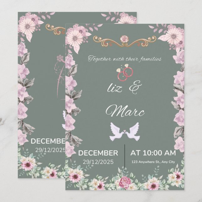  Sage Green Floral Wedding Invitation Card (Devant / Derrière)