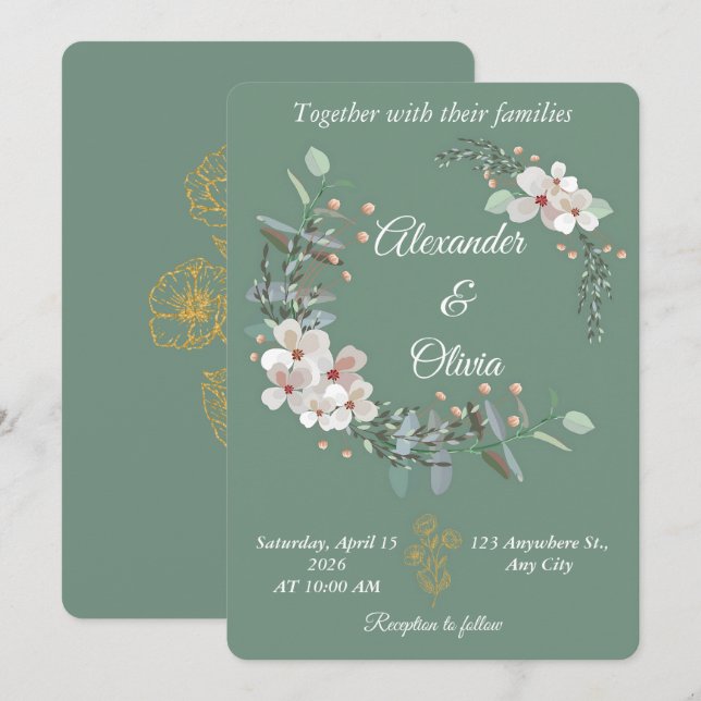 Sage Green Floral Wedding Invitation Editable (Devant / Derrière)