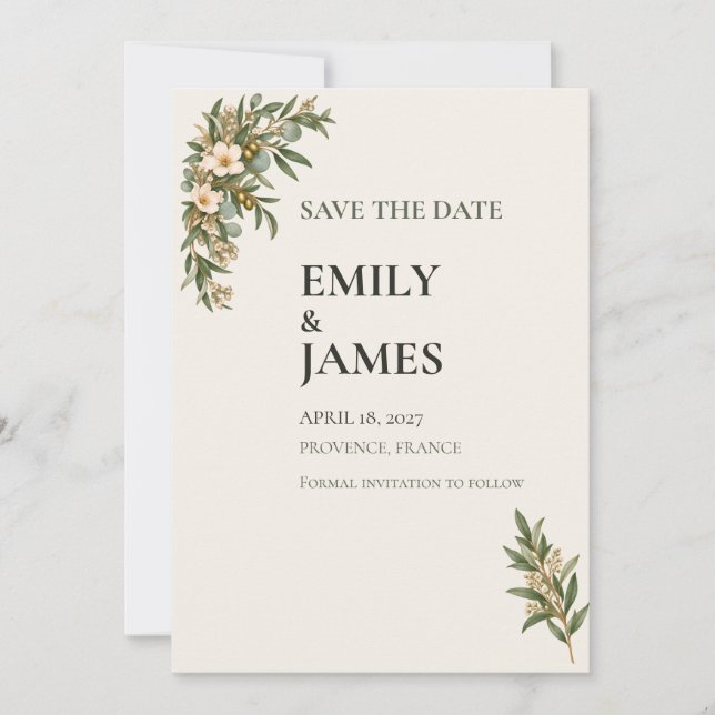 Sage Green French Botanical Wedding Save the Date (Devant)