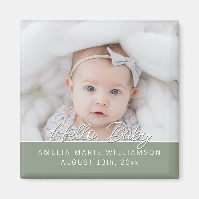 Sage Green Fun Script Hello Baby Magnet (Devant)