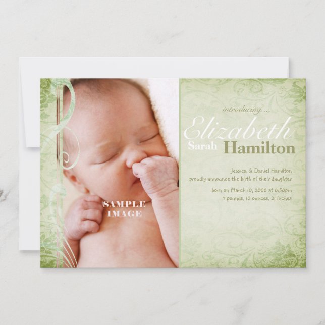Sage Green Genre Neutre Faire-part de naissance bé (Devant)