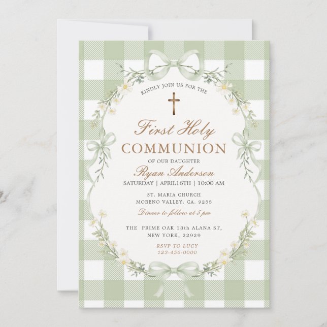 Sage Green Gingham First Holy Communion Invitation (Devant)