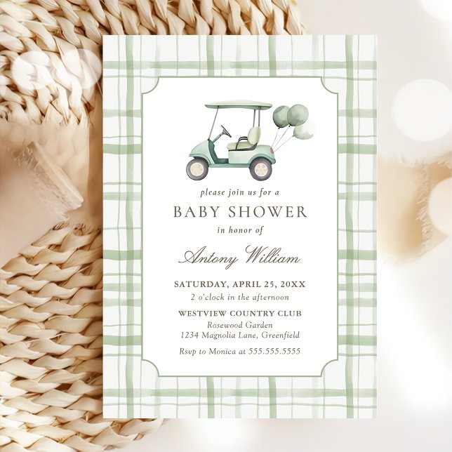 Sage Green Gingham Golf Baby Shower Invitation  (Créateur téléchargé)