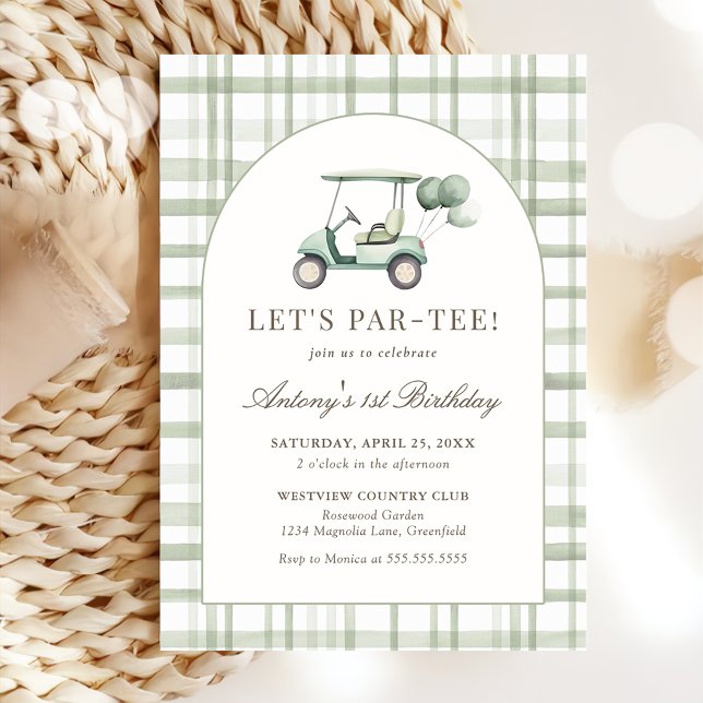 Sage Green Gingham Golf Birthday Invitation (Créateur téléchargé)