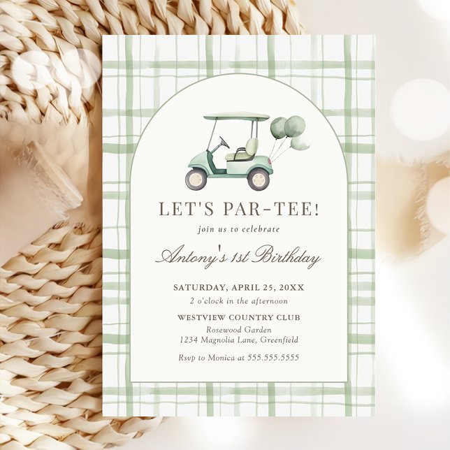 Sage Green Gingham Golf Birthday Invitation (Créateur téléchargé)