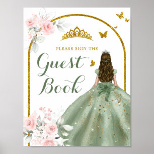Sage Green Gold Floral Quinceañera Livre d'or