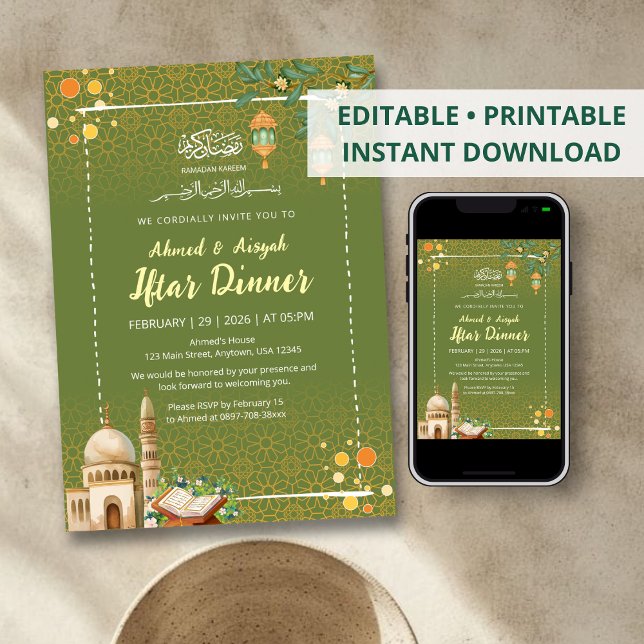 Sage Green & Gold Mosque Ramadan Iftar Invitation (Créateur téléchargé)