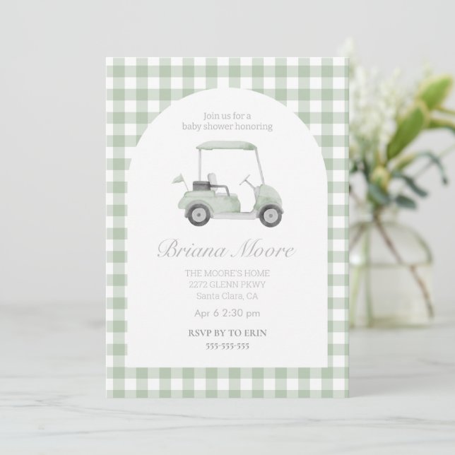 Sage green Golf cart baby shower Invitation (Debout devant)