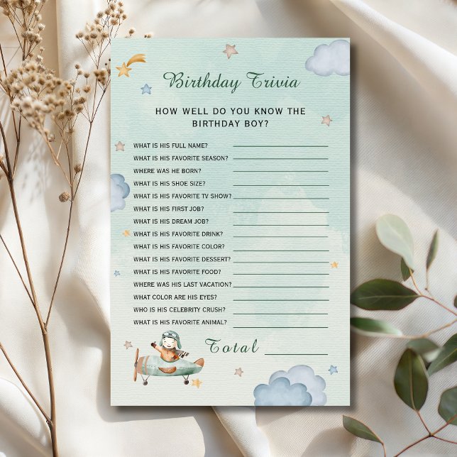 Sage Green Little Pilot Birthday Trivia Card (Créateur téléchargé)