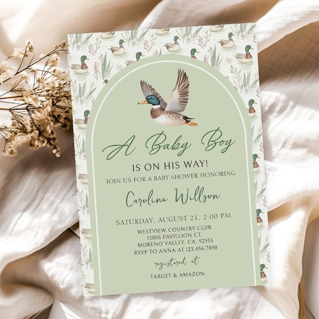 Sage Green Mallard Duck Boy Baby shower Invitation (Créateur téléchargé)