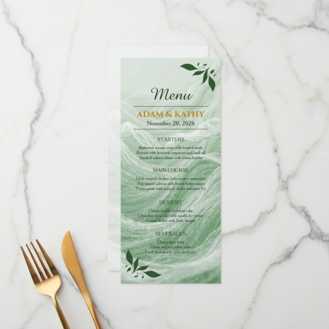 Sage Green Marble & Gold Wedding Menu (Devant/Arrière en situation)
