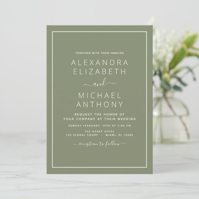 Sage Green Mariage Typographie moderne Invitation (Debout devant)